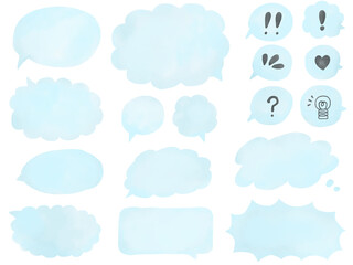 吹き出し：水彩風の水色の手描きフキダシのセット