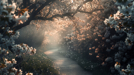 serene cherry blossom pathway illuminated by soft light, inviting tranquility
