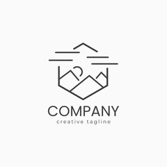Line art mountain logo, icon, app logo, sun logo, vector, illustration template