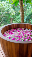 Tranquil wooden tub with petal-infused water in eco-friendly resort amidst lush nature
