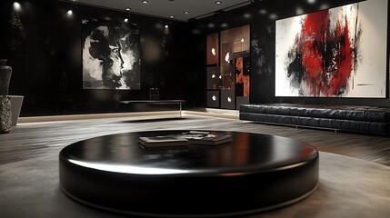 An artistic celebrity interview studio with a black and white color palette, a round leather-top table, and bold modern art in the background.