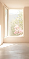Fototapeta premium Natural light fills a bright room with open window revealing blooming flowers outside
