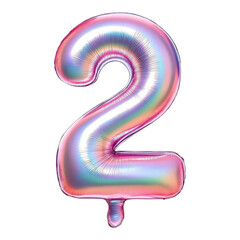Iridescent number 2 balloon with multicolored reflective highlights.