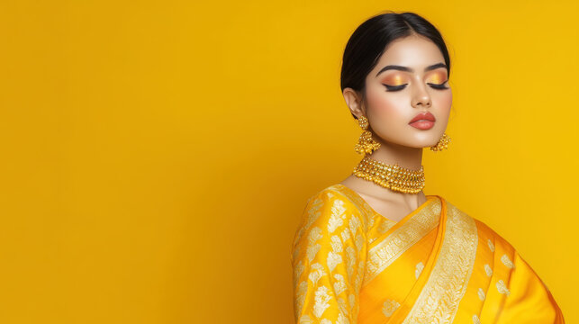 Elegant sari pose on vibrant yellow background featuring traditional attire and accessories