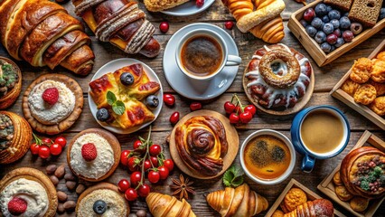 Aerial view: savor delicious breakfast treats and aromatic coffee at our pastry shop.