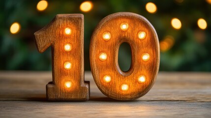 Wooden number ten "10" with embedded glowing lights on a wooden surface. Celebration, ranking, or acknowledgment, top-ten lists, milestone concept  design.