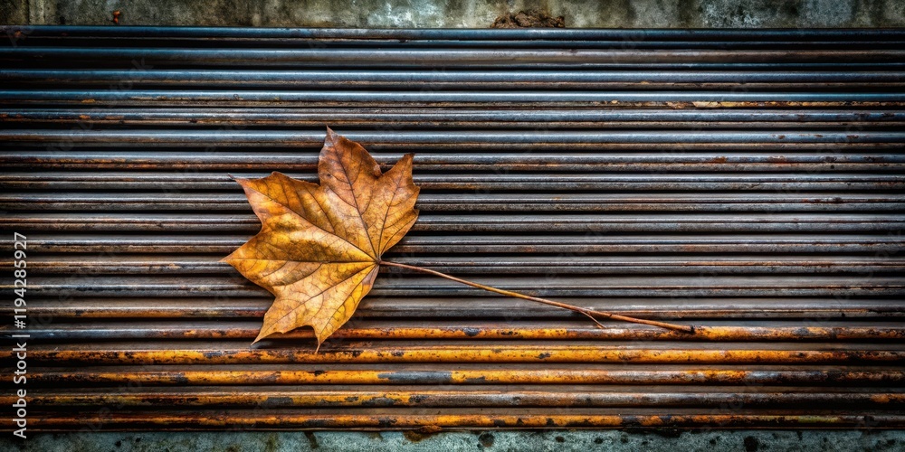 Wall mural A solitary autumn leaf rests on a weathered metallic surface, its vibrant hues contrasting against the rusted, industrial backdrop.