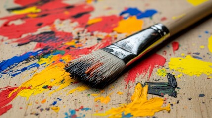Fototapeta premium Paintbrush resting on a palette with vibrant acrylic paint splatters.