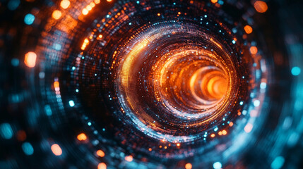 Digital vortex of colorful lights creates a mesmerizing effect in a dark background