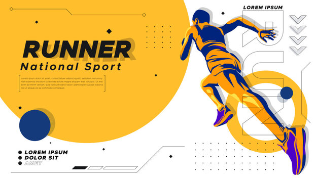 illustration of the silhouette of a sprint athlete. runner athlete with stylized flash of color on white background and geometric ornament. National sports day celebration concept