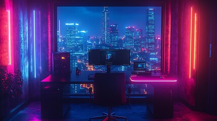 An urban nightlife podcast studio with neon signs on the walls, a sleek black desk, and glowing LED strips along the furniture.