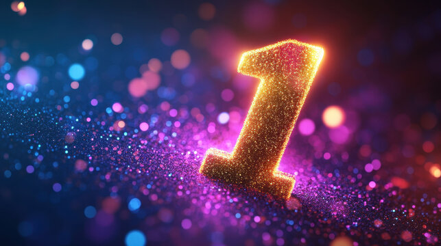 Glowing golden number one "1" surrounded by vibrant, colorful bokeh and glittering particles. Concept of No 1, 1st, awards, rankings, or celebratory announcements