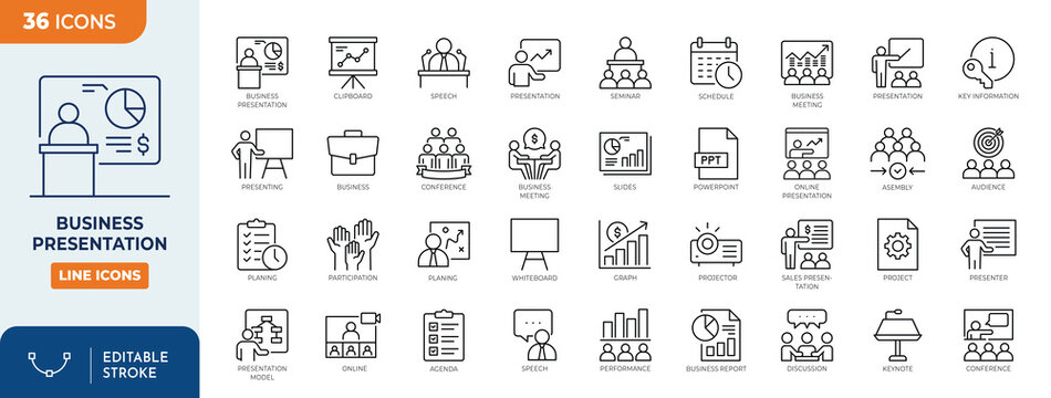 Business presentation icon set. Containing seminar, presentation, meeting, whiteboard, conference, business plan and more. Outline Icon Collection. Editable stroke. Vector illustration