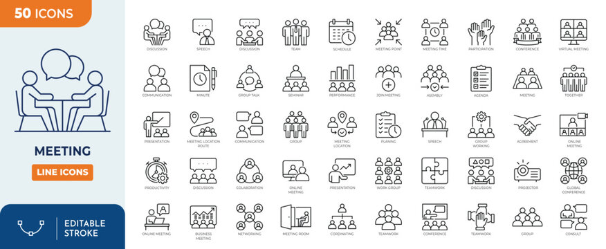 Meeting icon set. Containing Conference, team, group, presentation, teamwork, and more. Outline Icon Collection. Vector illustration. Editable stroke	