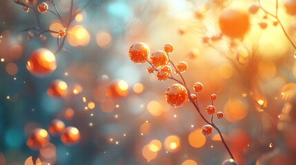 Beautiful morning sunlight illuminating dew-covered berries in a serene landscape