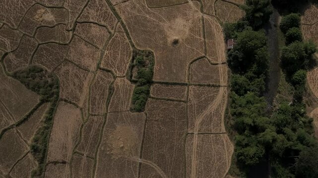 Aerial footage above rice fields harvested and the mountains who surround the area, Muang Ngoy, Luang Prabang province, Lao PDR
