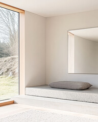 Fototapeta premium Modern minimalist interior with natural light and serene seating area