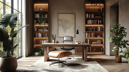 A comfortable home studio with a distressed wooden desk, a modern ergonomic chair, and a neutral color palette. The room is accented by bookshelves, a soft rug, and a large potted plant,