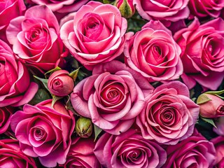 Blooming pink roses create a stunning floral wallpaper, a beautiful top-down view.