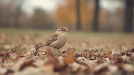 Small brown bird standing on autumn leaves.