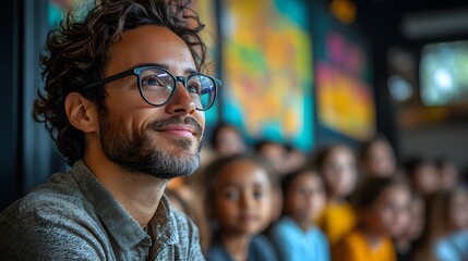 Obraz premium Classroom featuring a teacher working with students while adjusting lessons using AI insights