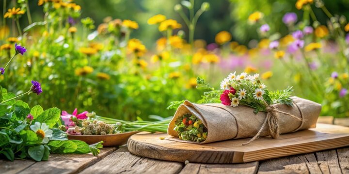 A delightful vegetarian wrap, adorned with a charming wildflower bouquet, rests on a rustic wooden board amidst a vibrant meadow of blooming flowers.