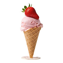 Strawberry soft-serve in a waffle cone with a ripe strawberry garnish.