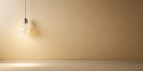 A single illuminated lightbulb hangs from the ceiling against a muted beige wall, casting a soft glow on the pale floor