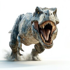Charging Dinosaur in Motion with Dusty Trail - A Dynamic Paleontological Scene