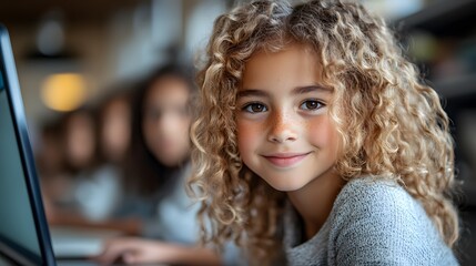 Kids working collaboratively with the guidance of a virtual AI tutor in an advanced classroom