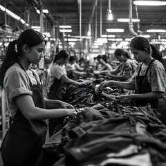 Factory workers diligently assembling products on production line