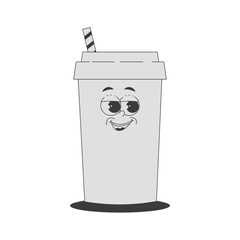 Funky drink glass character with straw in trendy retro groovy style. Psychedelic fast food mascot with face. Cool vector sticker in black monochrome palette