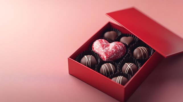 Box of chocolates in the shape of a heart on a pink background
