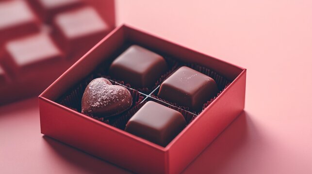 Chocolates in a red color box on pink background. Valentine's Day
