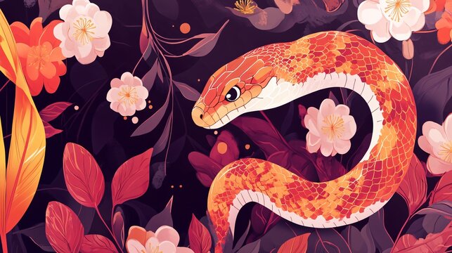 Illustration of Snake with flowers and leaves on red and dark background.
