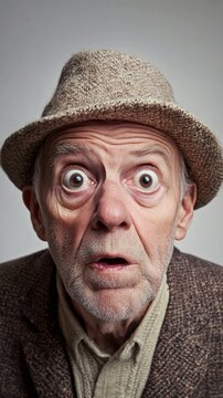 Portrait funny face old man in a hat with a surprised expression.

