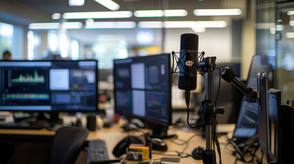 Office podcast recording, microphone, computers, blurred background, content creation
