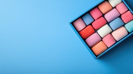 Colorful marshmallows in blue box on background