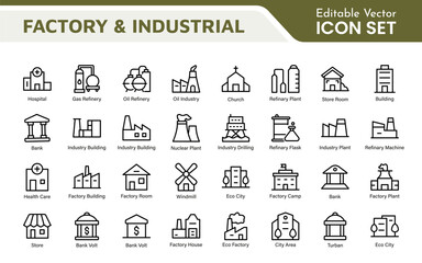 Factory Icon Set. A dynamic collection of icons representing manufacturing and industrial processes, perfect for engineering sectors to convey efficiency and innovation.