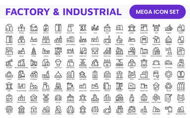 Factory Icon Set. A dynamic collection of icons representing manufacturing and industrial processes, perfect for engineering sectors to convey efficiency and innovation.