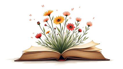 wildflowers boho style bunch growing from an old open old book on white isolate background, hand draw, doodle style.