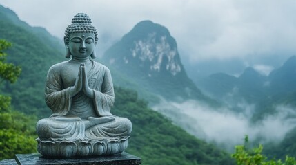 Fototapeta premium Serene Buddha Statue Amidst Misty Mountains