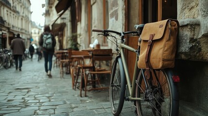A bicycle parked at a caf with a stylish backpack hanging from the handlebars.