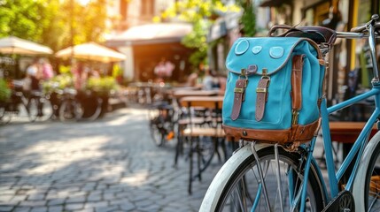 Fototapeta premium A bicycle parked at a caf with a stylish backpack hanging from the handlebars.