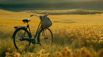 Fototapeta premium A bicycle parked in a sunny meadow with a cloth bag hanging on the handlebars.