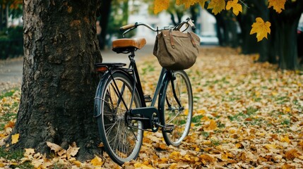 Fototapeta premium A bike leaning against a tree, with a canvas bag hanging from the handlebars.