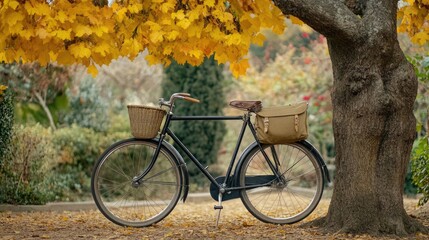 Fototapeta premium A bike leaning against a tree, with a canvas bag hanging from the handlebars.