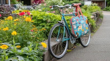 Fototapeta premium A child's bike with a small animal-themed bag hanging on its side, near a flower bed.