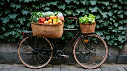 Fototapeta premium A classic Dutch bicycle with a market bag full of groceries hanging from the front basket.