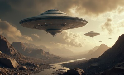 Futuristic UFOs hover over a desert landscape